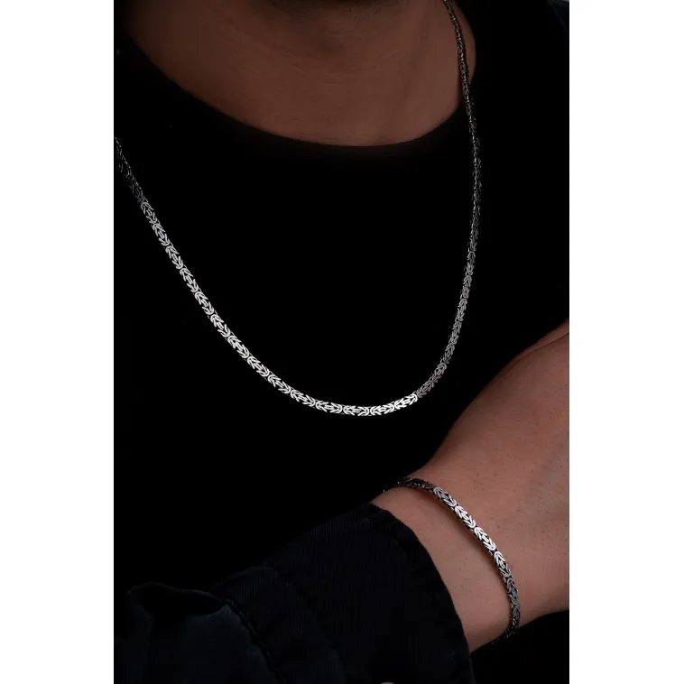 Erkek Gümüş Kolye Bileklik Set - 4mm Dikdörtgen Kesim Yassı Kral Gümüş Kolye Bileklik Set Erkek Gümüş Kolye Bileklik Set - 4mm Dikdörtgen Kesim Yassı Kral Gümüş Kolye Bileklik Set