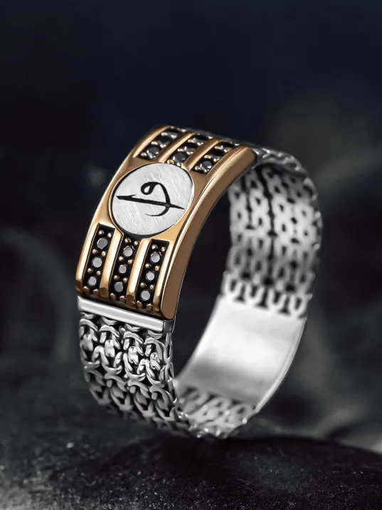 Erkek Gümüş Yüzük - Vav Elif İşlemeli Kral Zincirli 3 Sıra Zirkon Taşlı Erkek Yüzük