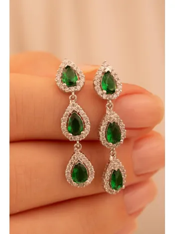 Kadın Gümüş Küpe - Sera Zümrüt Damla Taşlı 925 Ayar Kadın Küpe