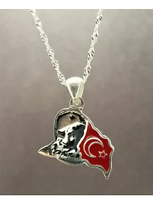 Unisex Gri Atatürk ve Ayyıldız'lı Gümüş Kolye Zincir