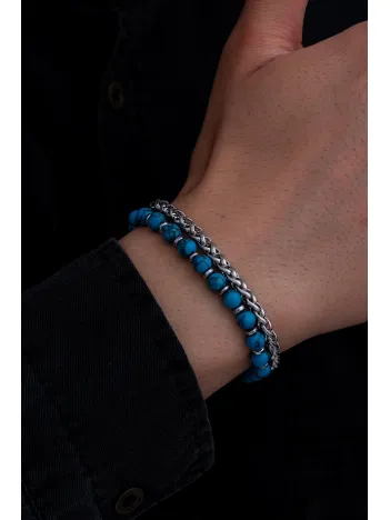 Erkek Çelik Bileklik - Mavi Boncuk Kral Zincir Çelik Bileklik