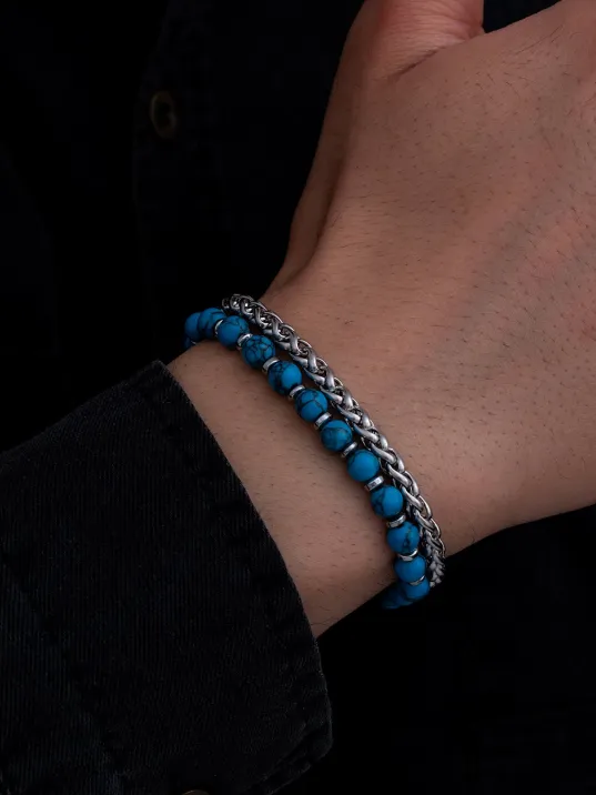 Erkek Çelik Bileklik - Mavi Boncuk Kral Zincir Çelik Bileklik