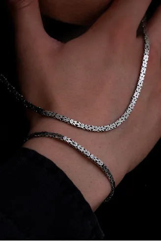 Erkek Gümüş Kolye Bileklik Set - 4mm Dikdörtgen Kesim Yassı Kral Gümüş Kolye Bileklik Set