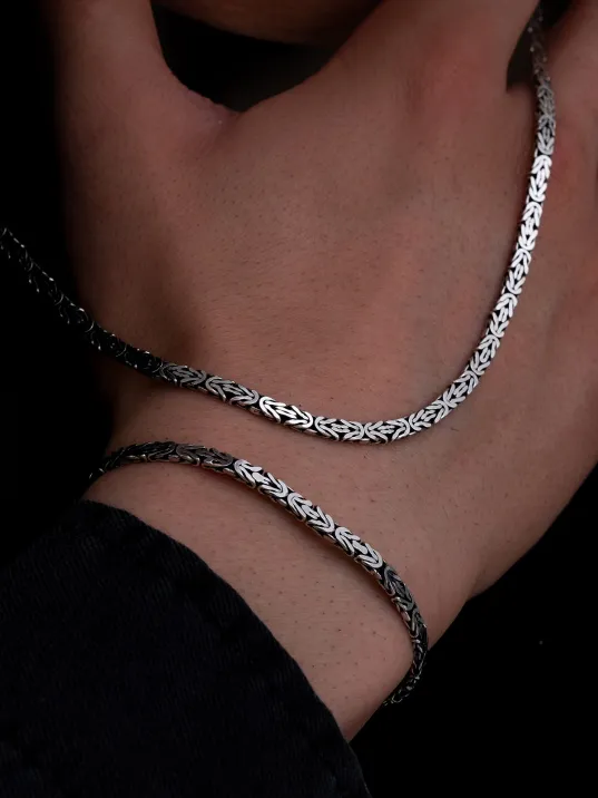 Erkek Gümüş Kolye Bileklik Set - 4mm Dikdörtgen Kesim Yassı Kral Gümüş Kolye Bileklik Set