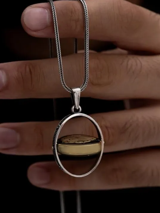 Erkek Çift Taraflı Ayyıldız ve Tuğra Figürlü Gümüş Kehribar Kolye