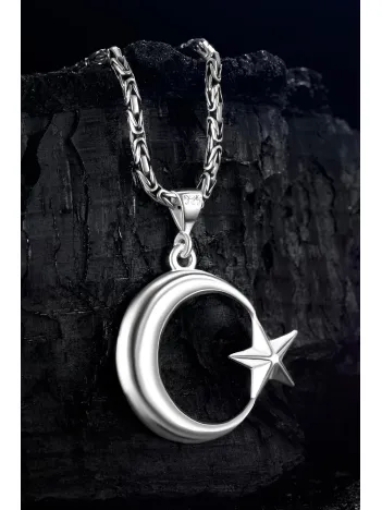 Erkek Gümüş Kolye - Ay Yıldız Motifli Kral Zincirli Erkek Kolye