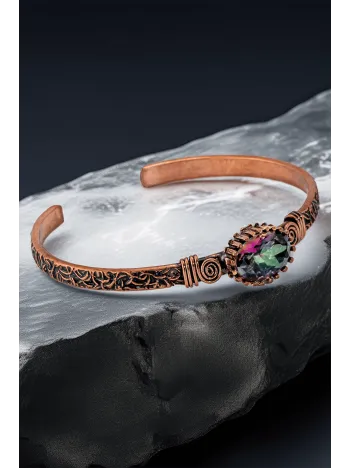 Kadın Bakır Bileklik Yüzük Set - Mistik Topaz Taş Mekik Ağaç Kabuğu Model İnce Metal Kutu Kuvars Taş