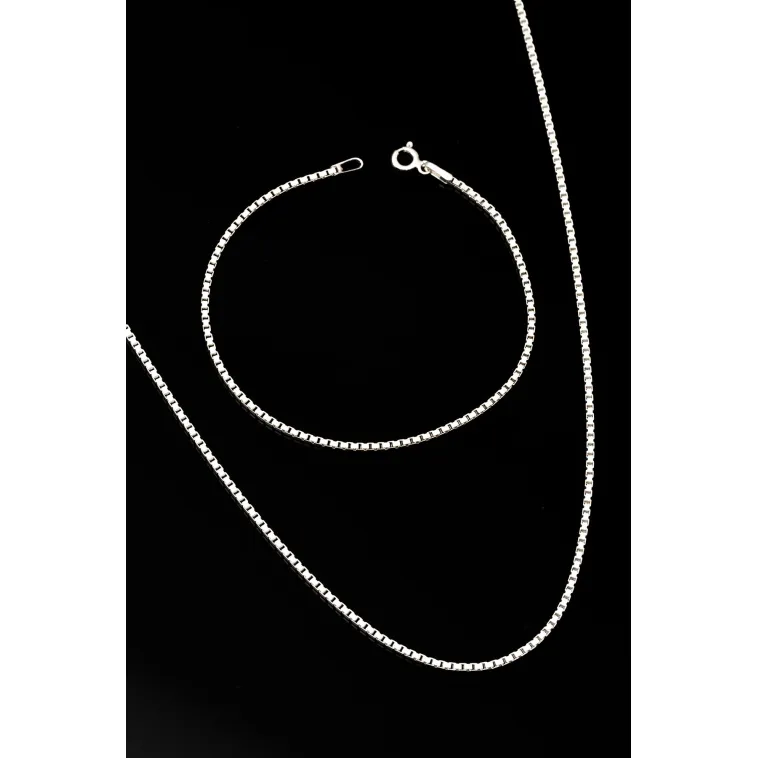Kadın Gümüş Kolye Bileklik Set - 925 Ayar 1.5mm Küp Zincir Gümüş Set Kadın Gümüş Kolye Bileklik Set - 925 Ayar 1.5mm Küp Zincir Gümüş Set