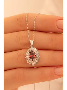 Kadın Gümüş Kolye - Damla Model Yakut Taşlı Baget Süslemeli Rodyumlu Kadın Kolye