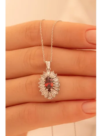 Kadın Gümüş Kolye - Damla Model Yakut Taşlı Baget Süslemeli Rodyumlu Kadın Kolye