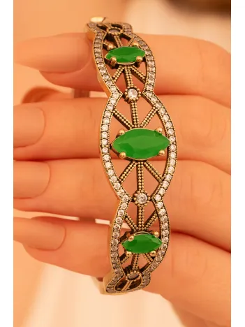 Kadın Gümüş Bileklik - Zümrüt Ve Zirkon Taşlı Otantik Gümüş Kelepçe Bileklik