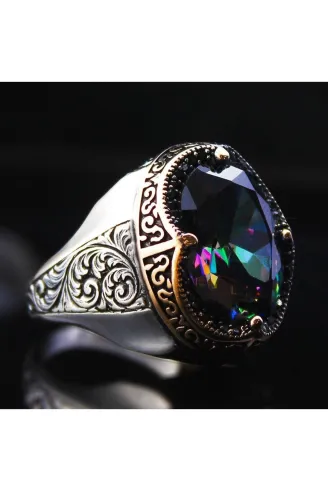 Karışık Renk Mistik Topaz Mikrotaş Işlemeli Özel Seri Erkek Gümüş Yüzük