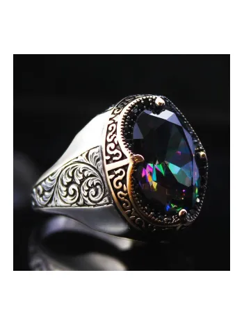 Karışık Renk Mistik Topaz Mikrotaş Işlemeli Özel Seri Erkek Gümüş Yüzük