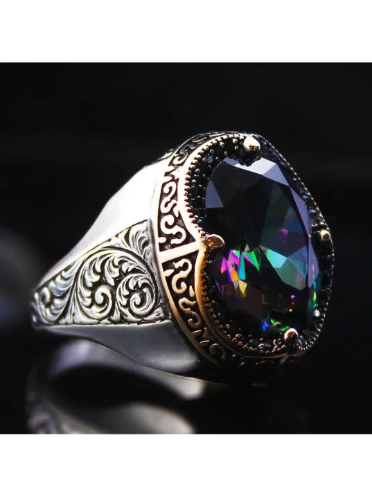 Karışık Renk Mistik Topaz Mikrotaş Işlemeli Özel Seri Erkek Gümüş Yüzük