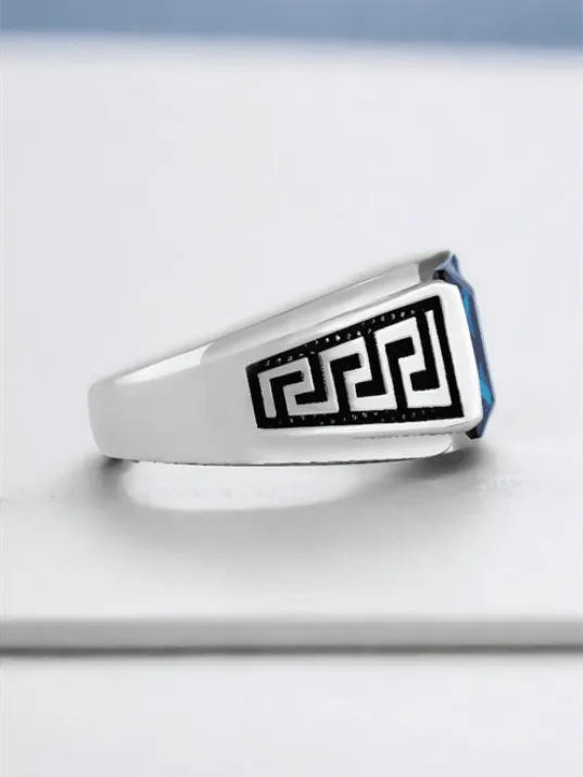 Erkek Gümüş Yüzük - Aquamarin Taşlı Kare Erkek Gümüş Yüzük