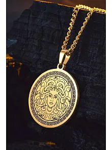 Steel Aether Altın Kaplama Çelik Kadın Kolye Yunan Tanrısı Medusa İşlemeli Yuvarlak Plaka Kararmaz
