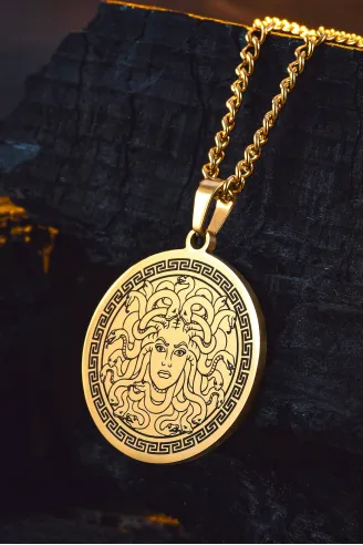 Steel Aether Altın Kaplama Çelik Kadın Kolye Yunan Tanrısı Medusa İşlemeli Yuvarlak Plaka Kararmaz