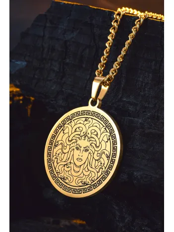 Steel Aether Altın Kaplama Çelik Kadın Kolye Yunan Tanrısı Medusa İşlemeli Yuvarlak Plaka Kararmaz