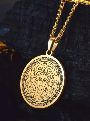 Steel Aether Altın Kaplama Çelik Kadın Kolye Yunan Tanrısı Medusa İşlemeli Yuvarlak Plaka Kararmaz