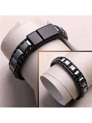 Hematit Doğaltaş Erkek Deri Bileklik