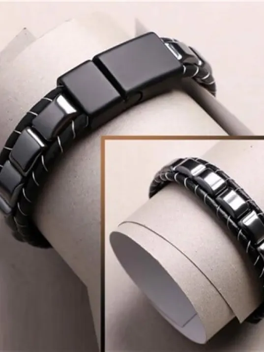 Hematit Doğaltaş Erkek Deri Bileklik