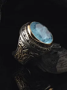 Mavi Paraiba Taşlı Yanları Lale Motifli 925 Ayar Gümüş Erkek Yüzük GYZYSLPARBI-GMS