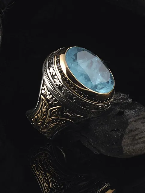 Mavi Paraiba Taşlı Yanları Lale Motifli 925 Ayar Gümüş Erkek Yüzük GYZYSLPARBI-GMS
