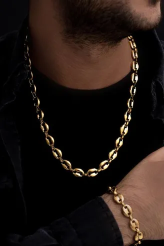 Erkek Çelik Bileklik Kolye Set - Altın Kaplama Gemici Model Çelik Bileklik Kolye Set