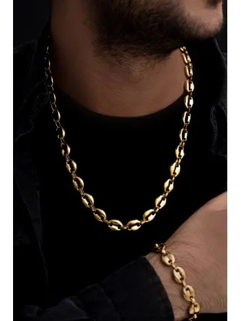 Erkek Çelik Bileklik Kolye Set - Altın Kaplama Gemici Model Çelik Bileklik Kolye Set