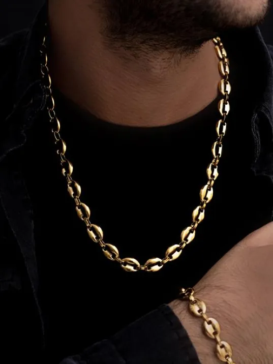 Erkek Çelik Bileklik Kolye Set - Altın Kaplama Gemici Model Çelik Bileklik Kolye Set