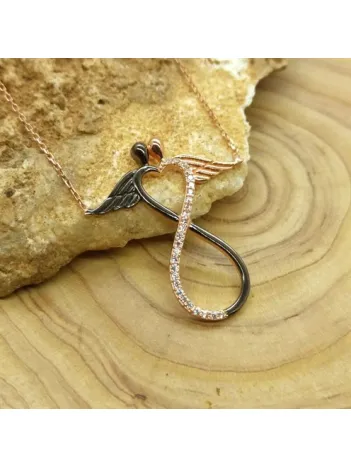 Kanatlı Melek Sonsuzluk Bayan Gümüş Kolye GKLKNTSONZL-ROS