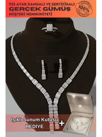 Kadın Gümüş Takı Seti - Kalın Dilruba Baget Taşlı Kolye Bileklik Yüzük Küpe Tam Set Işıklı Kutuda