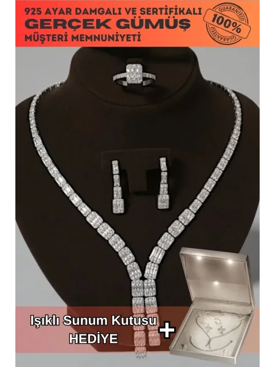 Kadın Gümüş Takı Seti - Kalın Dilruba Baget Taşlı Kolye Bileklik Yüzük Küpe Tam Set Işıklı Kutuda