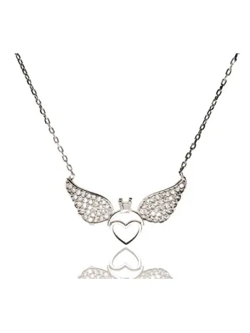 Tektaşlı Kanatlı Kalpli Bayan Gümüş Kolye Orta Boy