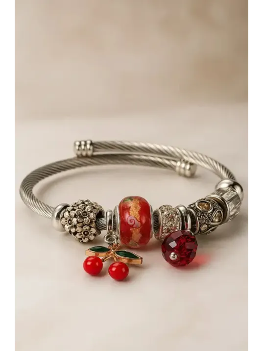 Kadın Çelik Bileklik - Charm Model Bileklik - Kiraz Model Kadın Bileklik