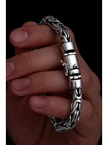 Erkek Gümüş Bileklik - 7.5 mm Özel Kilit Tasarımlı Yuvarlak Kesim Kral Model Gümüş Bileklik