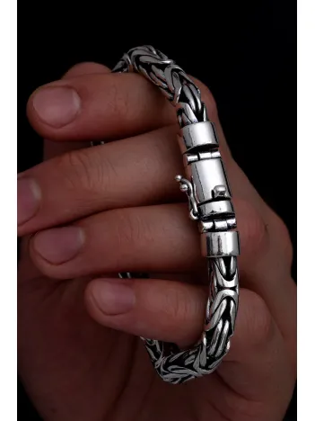 Erkek Gümüş Bileklik - 7.5 mm Özel Kilit Tasarımlı Yuvarlak Kesim Kral Model Gümüş Bileklik