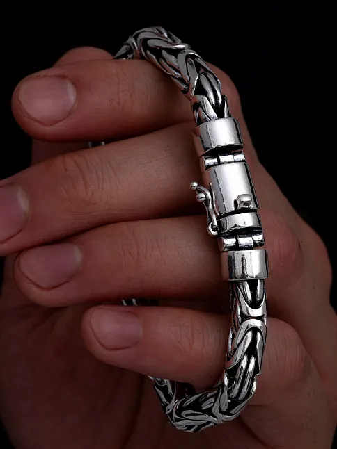 Erkek Gümüş Bileklik - 7.5 mm Özel Kilit Tasarımlı Yuvarlak Kesim Kral Model Gümüş Bileklik