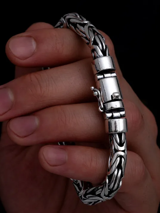 Erkek Gümüş Bileklik - 7.5 mm Özel Kilit Tasarımlı Yuvarlak Kesim Kral Model Gümüş Bileklik