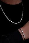Erkek Gümüş Kolye Bileklik Set - 4.5mm Dikdörtgen Kesim Yassı Kral Gümüş Kolye Bileklik Set