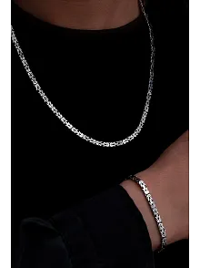 Erkek Gümüş Kolye Bileklik Set - 4.5mm Dikdörtgen Kesim Yassı Kral Gümüş Kolye Bileklik Set