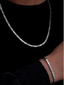 Erkek Gümüş Kolye Bileklik Set - 4.5mm Dikdörtgen Kesim Yassı Kral Gümüş Kolye Bileklik Set