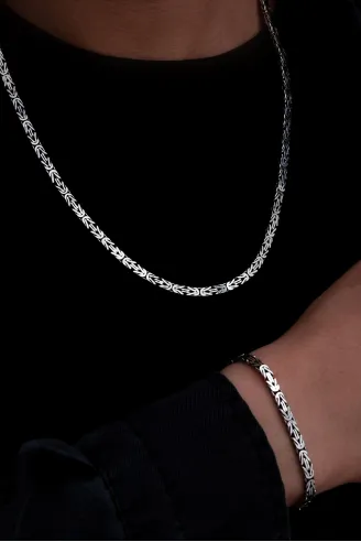 Erkek Gümüş Kolye Bileklik Set - 4.5mm Dikdörtgen Kesim Yassı Kral Gümüş Kolye Bileklik Set