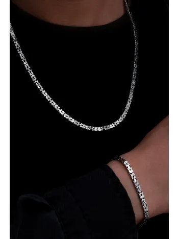 Erkek Gümüş Kolye Bileklik Set - 4.5mm Dikdörtgen Kesim Yassı Kral Gümüş Kolye Bileklik Set