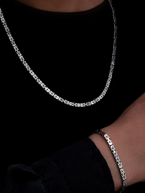 Erkek Gümüş Kolye Bileklik Set - 4.5mm Dikdörtgen Kesim Yassı Kral Gümüş Kolye Bileklik Set