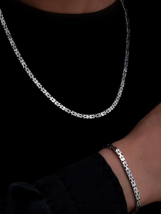 Erkek Gümüş Kolye Bileklik Set - 4.5mm Dikdörtgen Kesim Yassı Kral Gümüş Kolye Bileklik Set