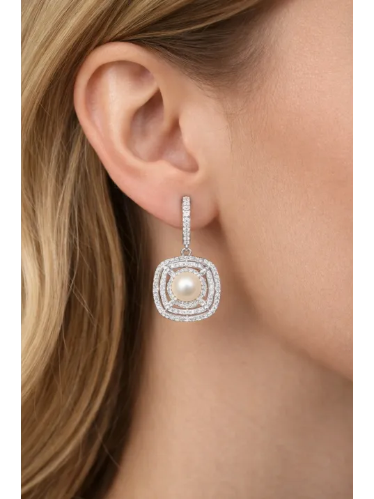 Kadın Gümüş Küpe - Kare Model İnci Detaylı Kadın Gümüş Küpe