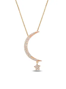 Zirkon Taşlı Rose Renk Ay Yıldız Model Kadın Gümüş Kolye GKLAYYLDZM1-ROS