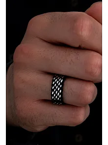 Erkek Gümüş Yüzük - 925 Ayar Siyah Hasır Örgü Gümüş Alyans Yüzük
