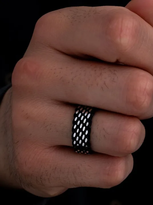 Erkek Gümüş Yüzük - 925 Ayar Siyah Hasır Örgü Gümüş Alyans Yüzük